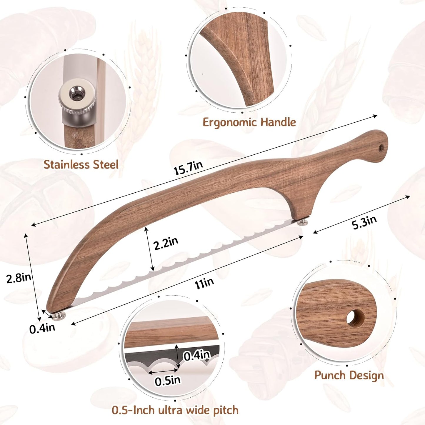 Bow Bread Knife for Homemade Sourdough – 15.7" Serrated Bread Slicer, Curved Bread Knife Slices Without Crushing, Ergonomic Acacia Wood Handle, Gift for Bakers Dad Husband