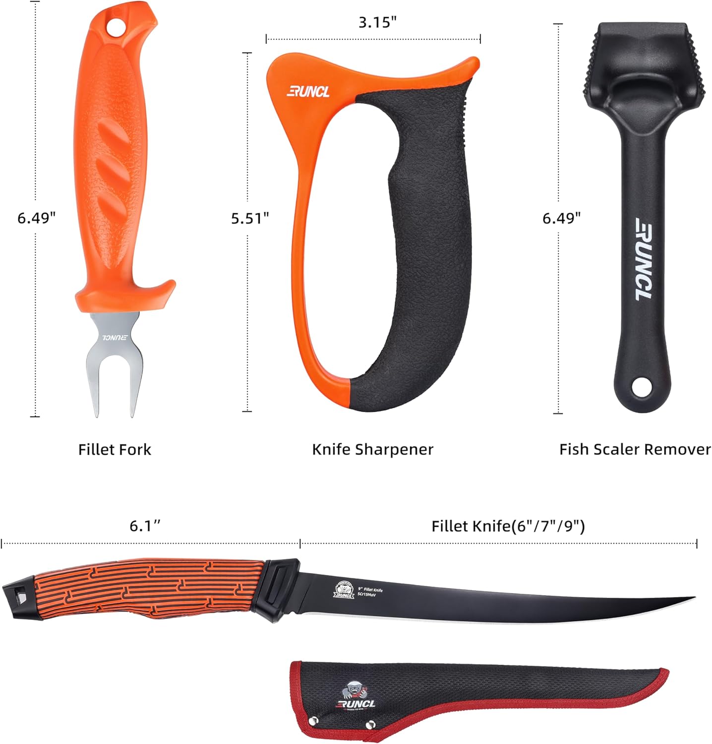 RUNCL Fishing Fillet Knife Combo Set, Fishing Tools Kit With 6" Fillet Knife, Fillet Fork, Knife Sharpener and Fish Scaler Remover, 4 Pieces fishing Kit Tool, Perfect for Fresh or Saltwater