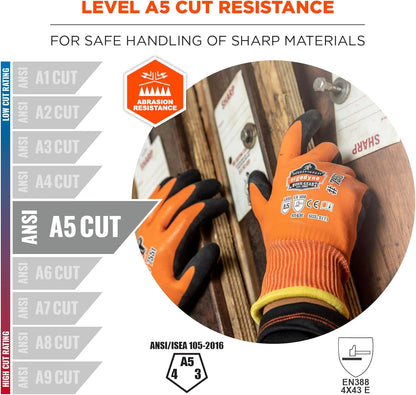 Ergodyne ProFlex 7551 Waterproof Winter Work Gloves, Cut Resistant ANSI A5, Sandy Nitrile Coated Palms, Thermal Fleece Lining Orange