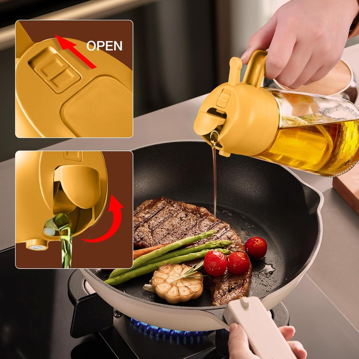 YARRAMATE 16oz/470ml Glass Olive Oil Sprayer for Cooking with Stickers, 2 in 1 Oil Dispenser for Kitchen Gadgets, Food Grade Premium Spray Bottle for Salad, Frying, BBQ (Creamy White)