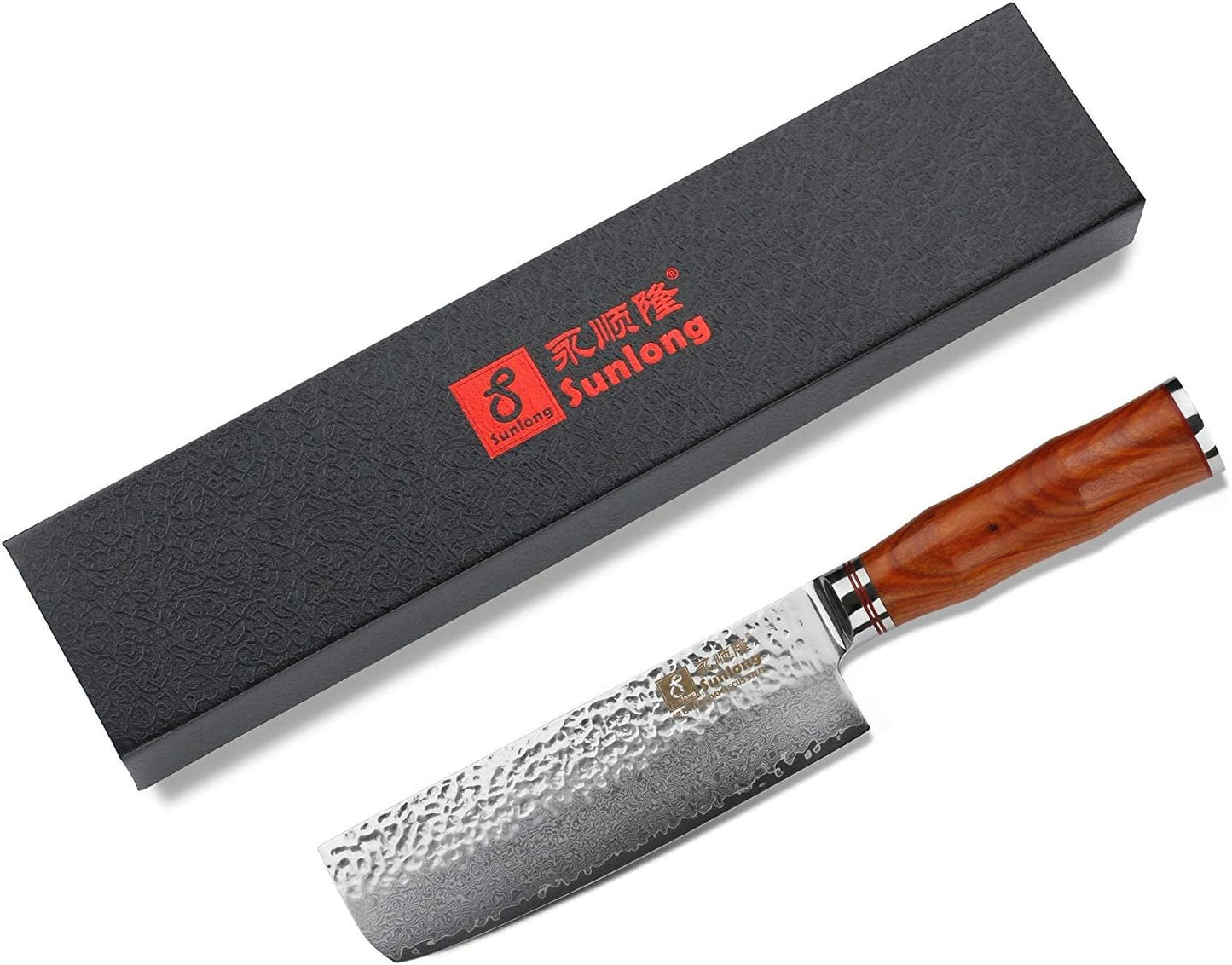SUNLONG Nakiri Knife Usuba Knife 6.5 Inch Japanese Hammered Damascus Steel 67 Layer Bloodwood Handle