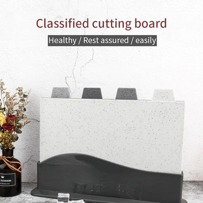 4-Piece Stone-Pattern Cutting Board Set with Storage Stand | Color-Coded, Non-Slip, Dishwasher Safe | Durable Large Food Chopping Boards