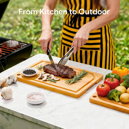 Simple Trending Bamboo Cutting Boards, Durable Cutting Boards for Kitchen with Deep Juice Grooves and Handles, Chopping Board for Meat, Vegetables and Fruits, 15”×10”, Natural
