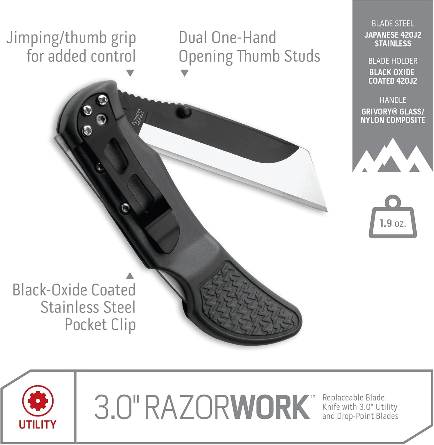 OUTDOOR EDGE 2.5" RAZOR-WORK - RazorSafe Replaceable Blade Folding Utility Knife (Black, 2 Blades)