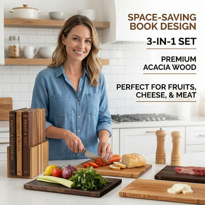 Library Cutting Board Set, Wood Book Cutting Boards with Stand, Decorative Cutting Boards for Kitchen Display, Acacia Wooden Chopping Board Set of 3
