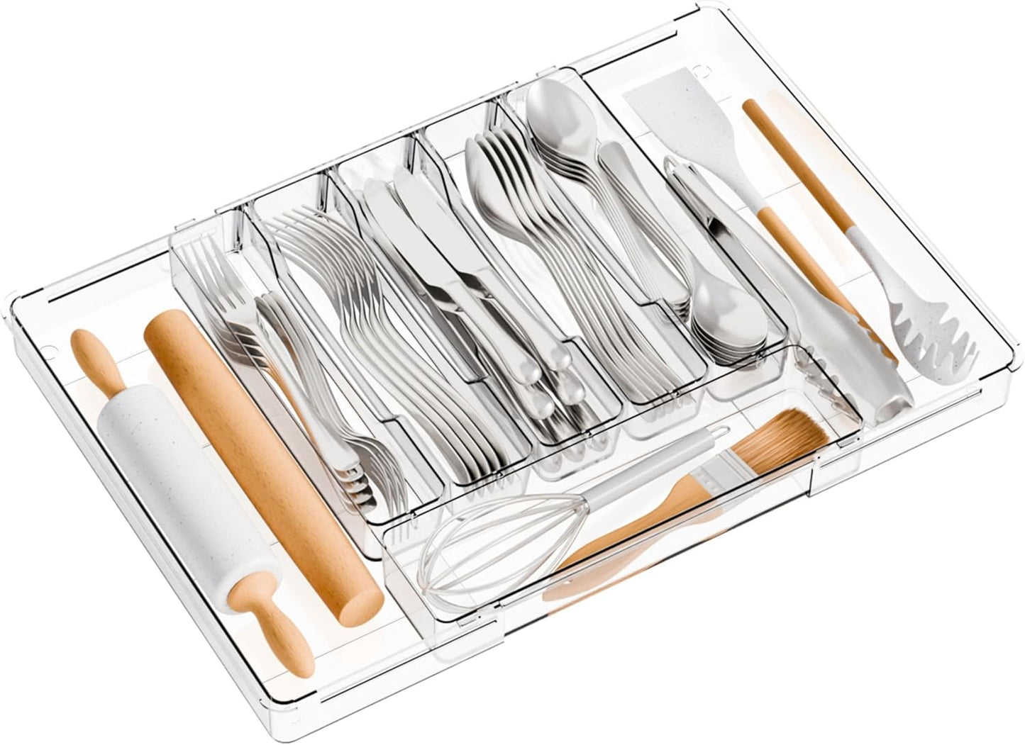 Yieach Large Clear Expandable Silverware Drawer Organizer for Kitchen,BPA FREE Adjustable Utensil Drawer Organizer and Silverware Tray,Plastic Flatware Organizers,Cutlery,Knife,Fork and Spoon Holder