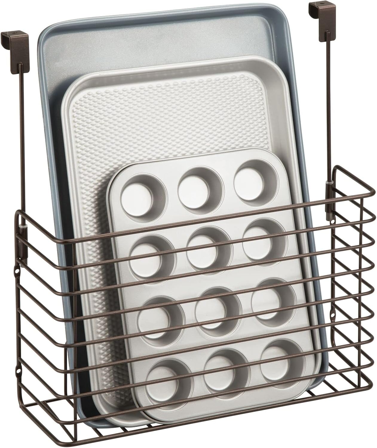 mDesign Over The Cupboard Hanging Storage Basket – Metal Bakeware Organiser and Cutting Board Holder – Excellent Kitchen Storage Solution – Bronze