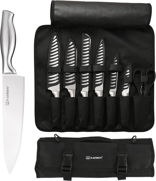 Knife Set Roll Bag, 8 Pieces German High Carbon Stainless Steel Chef Knives with Hollow Handle, with Portable Knife Roll Storage Bag, Blade Guards, Kitchen Shears for Outdoor Camping Travel