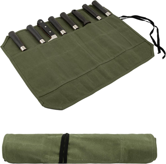 Knife Roll,Waxed Canvas Knife Bag,Heavy Duty Knife Case,Chef Knife Bag Roll with 8 Slots for Knives and Kitchen Tools,Knife Roll Bag For Chefs Culinary Traveling,Knives Pouch Holder Wrap (Khaki)