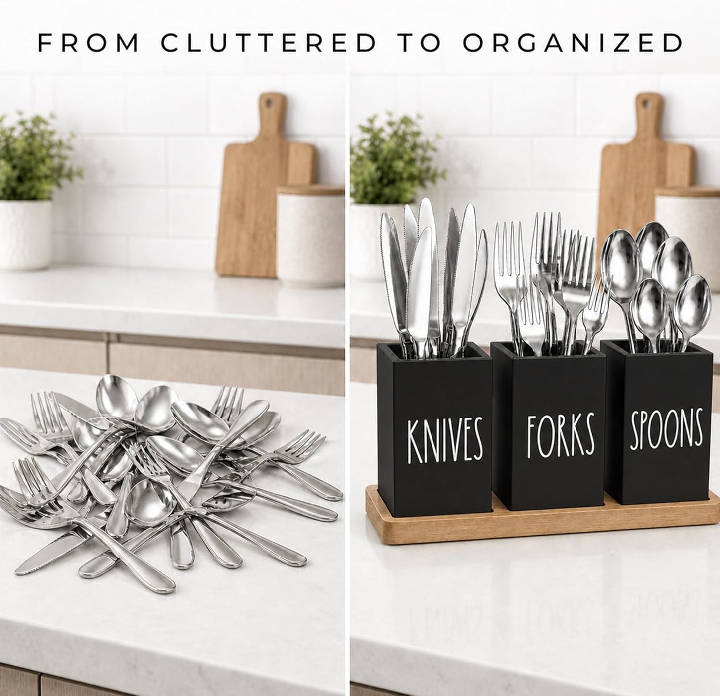 Farmhouse Silverware Holder, Rustic Wood Silverware Caddy with Tray, Spoon Fork Knives Flatware Dispenser, Utensil Countertop Organizer, Plastic Cutlery Holder for Kitchen Party (Black)