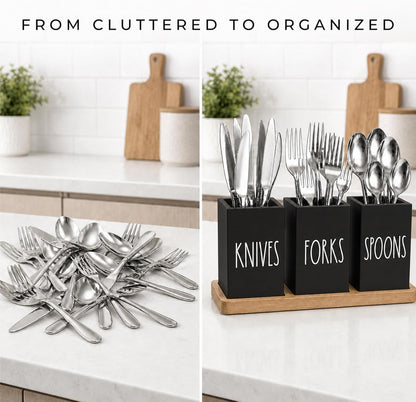 Farmhouse Silverware Holder, Rustic Wood Silverware Caddy with Tray, Spoon Fork Knives Flatware Dispenser, Utensil Countertop Organizer, Plastic Cutlery Holder for Kitchen Party (Black)