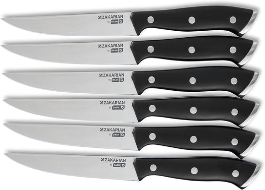 DASH Zakarian 6-Piece Steak Knife Set, Non-Serrated Full Tang German Steel Blade, Blue
