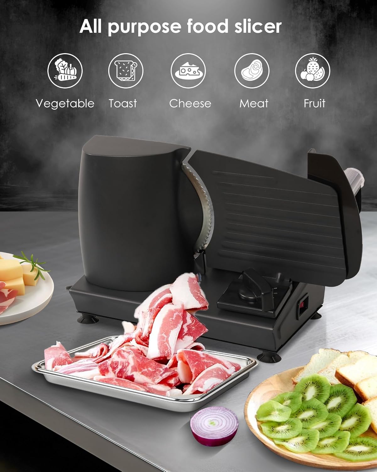 Valley Sportsman Meat Slicer Machine for Home - Electric Deli Meat Slicer with 7.5" Stainless Steel Blade, Adjustable Thickness Food Slicer Cuts Meat, Bread, Cheese, Easy to Clean, Black