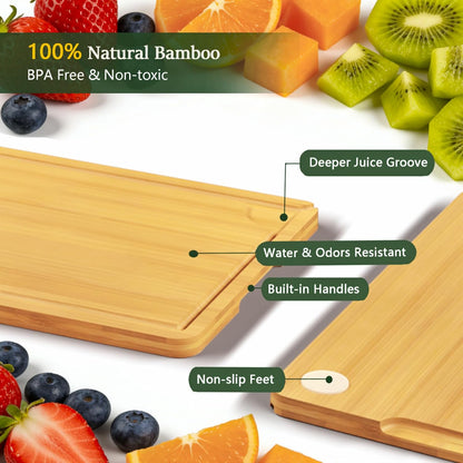 Cutting Boards for Kitchen, Bamboo Cutting Board Set of 3 with Storage Stand, Deep Carbonized Chopping Boards with Deep Juice Grooves and Side Handles for Meat, Vegetables, Fruit and Meal Prep