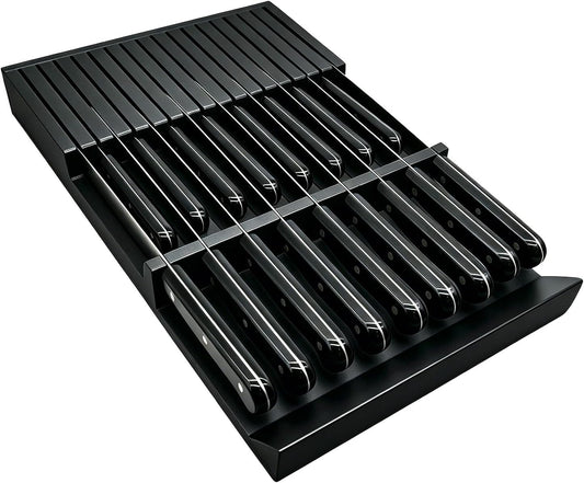 Natural Bamboo In-Drawer Knife Block, 17 Slot Large Capacity Knives Organizer, Upper and Lower Kitchen Steak Knife Storage Rack - Holds 8 Short + 9 Long Knives