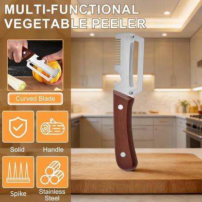 2PCS Multifunctional Vegetable Peeler, Upgrade 3-in-1 Wooden Handle Peelers with Bottle Opener, Premium Stainless Steel Peeler, Fruit Knife for Welsh Onion, Potato, Carrot, Apple, Pumpkin with a Brush