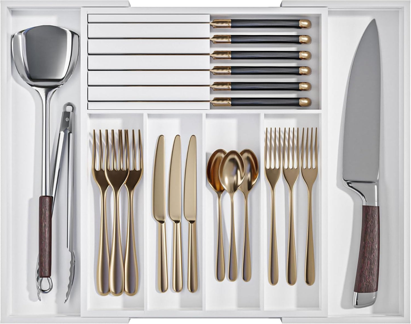 Utensil Organizer Silverware Tray for Drawer - Bamboo Knife Drawer Organizer Expandable Cutlery Organizer in Drawer Knife Block W12.8-20.2" x L16 x H2 (Black)