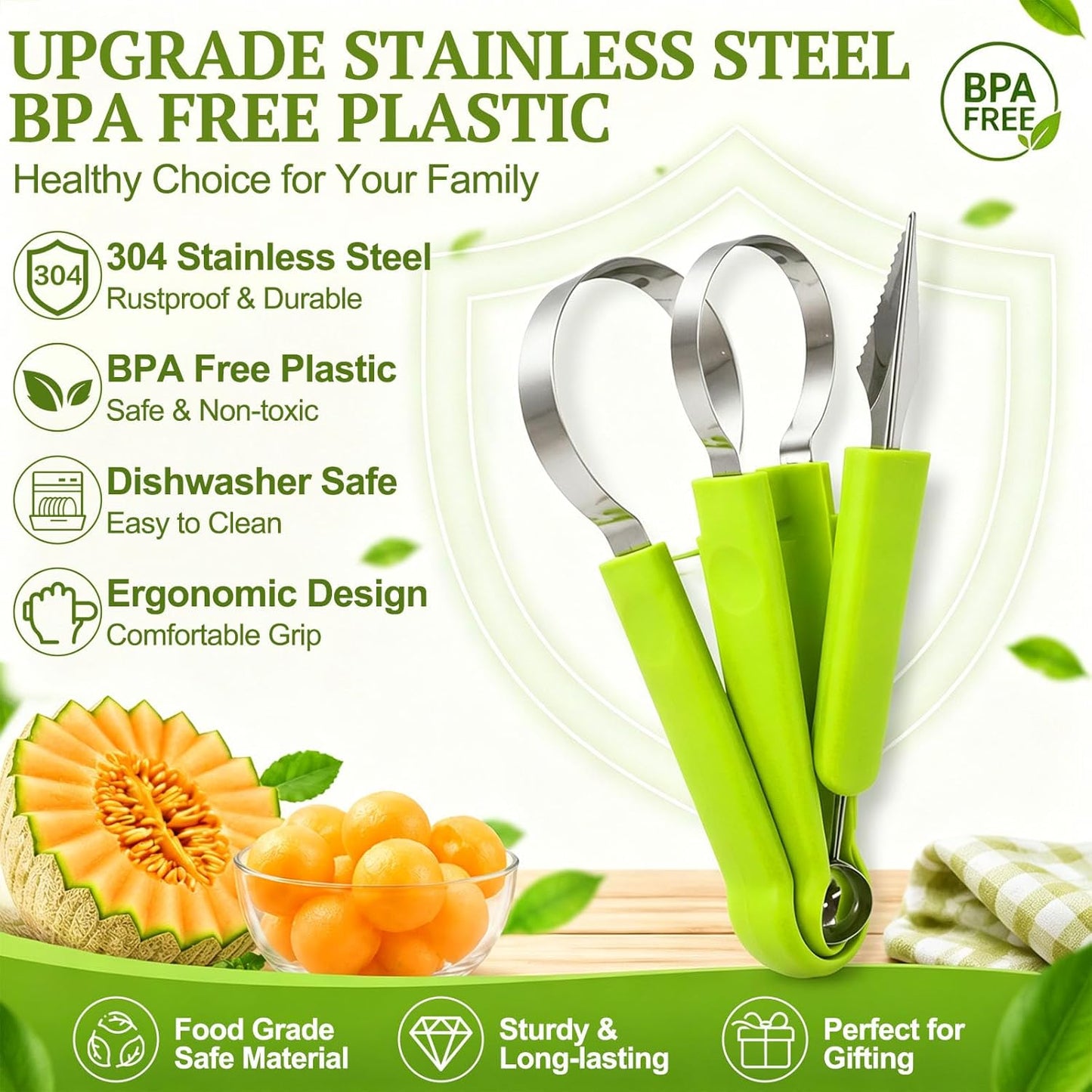 Suuker 4 in 1 Melon Baller Scoop Set, Stainless Steel Fruit Cutters Shapes, Watermelon Scooper and Baller, Fruit Carving Tools (Green)