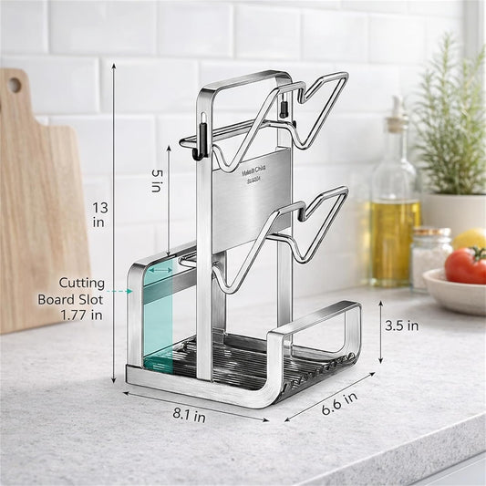 Large Capacity Pot Lid Organizer Rack for Countertop 2 Tier Stainless Steel Pot Lid Holder with Cutting Board Knife Storage Utensil Hooks and Drip Tray