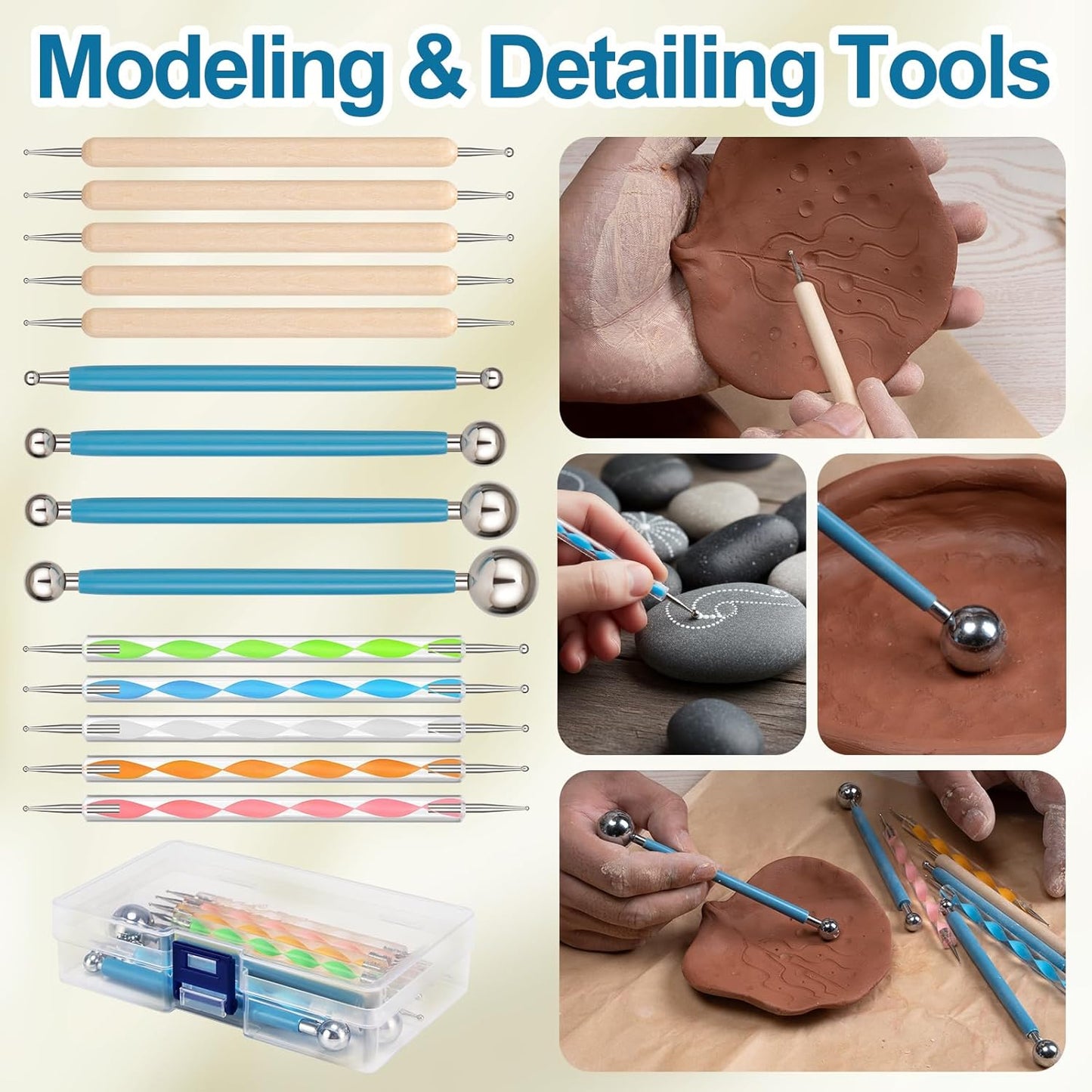 Amrules Clay Tools Kit, 12 PCS Polymer Clay Cutter Tools, Rectangle Shape Acrylic Press Board and Roller Pin Supplies Suitable for Shaping, Carving, Pottery Craft and DIY Projects