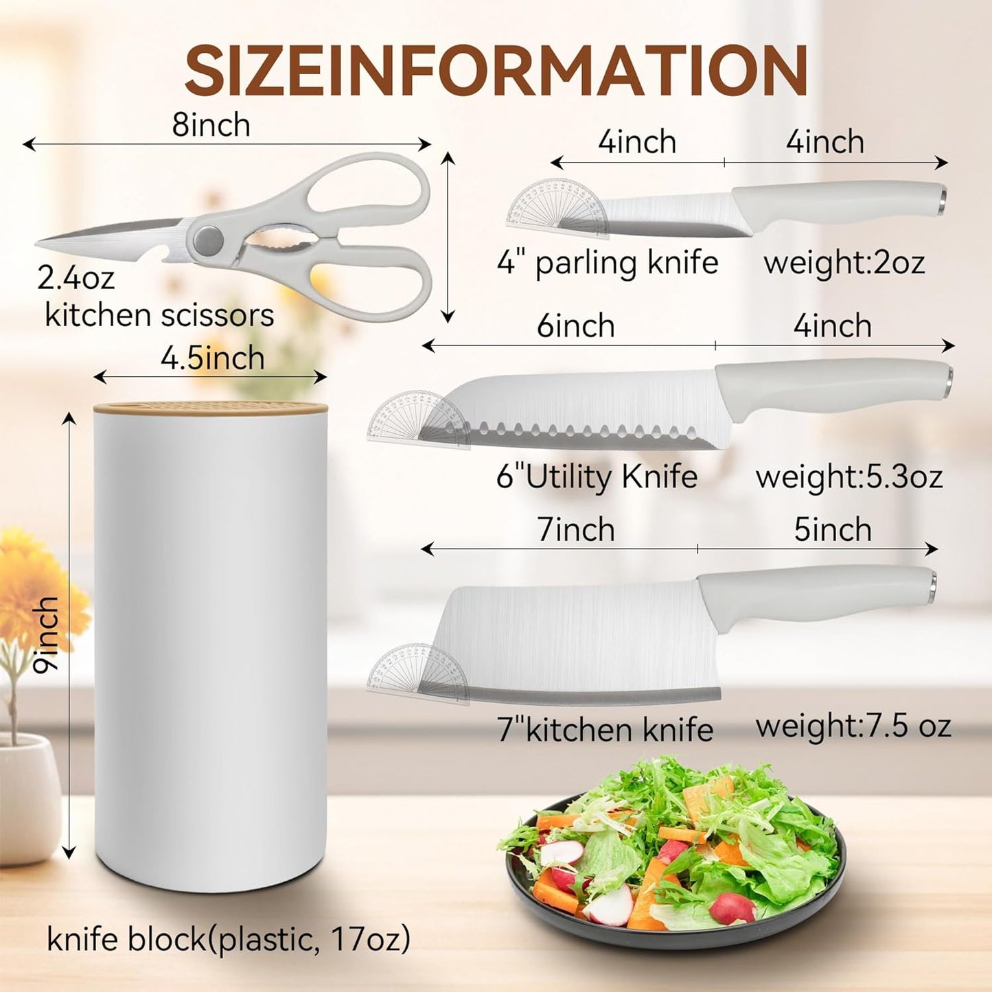 Small Knife Block Set, Modern Kitchen Knife Scissors with Universal Round Holder, Home Apartment New Kitchen Essentials, Space Saving, Dishwasher Safe(Black, 7PCS)