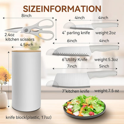 Small Knife Block Set, Modern Kitchen Knife Scissors with Universal Round Holder, Home Apartment New Kitchen Essentials, Space Saving, Dishwasher Safe(Black, 7PCS)