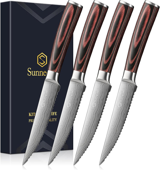 Sunnecko Steak Knives Set of 6,Premium Stainless Steel Serrated Steak Knife Set,Pakkawood Handle 4.5 Inch Kitchen Steak Knife with Gift Box
