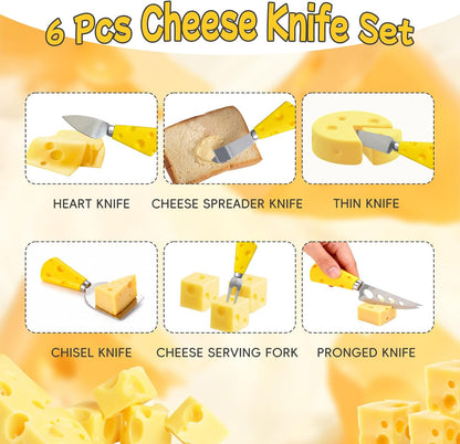 Cheese Slicer, with Measuring Grids Board & 6 Piece Cheese Knives, Stainless Steel Cheese Cutter with Blade, for Block Cheese, Butter and Sausages, Dishwasher Safe