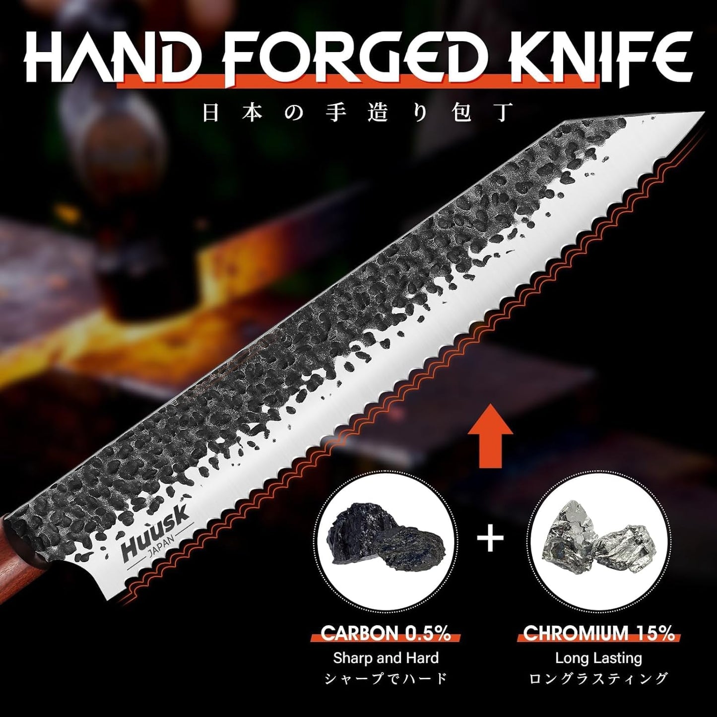 Huusk Japanese Brisket Carving Knife - 11" Slicing Knife for Meat Cutting Made by High Carbon Steel, Hand Forged Ultra Sharp Brisket Slicer with Wood Handle for BBQ Grilling Roast, Christmas Gifts
