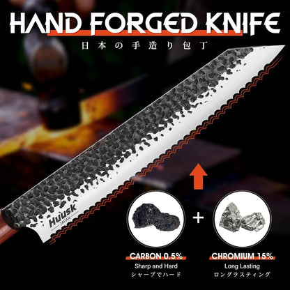 Huusk Japanese Brisket Carving Knife - 11" Slicing Knife for Meat Cutting Made by High Carbon Steel, Hand Forged Ultra Sharp Brisket Slicer with Wood Handle for BBQ Grilling Roast, Christmas Gifts