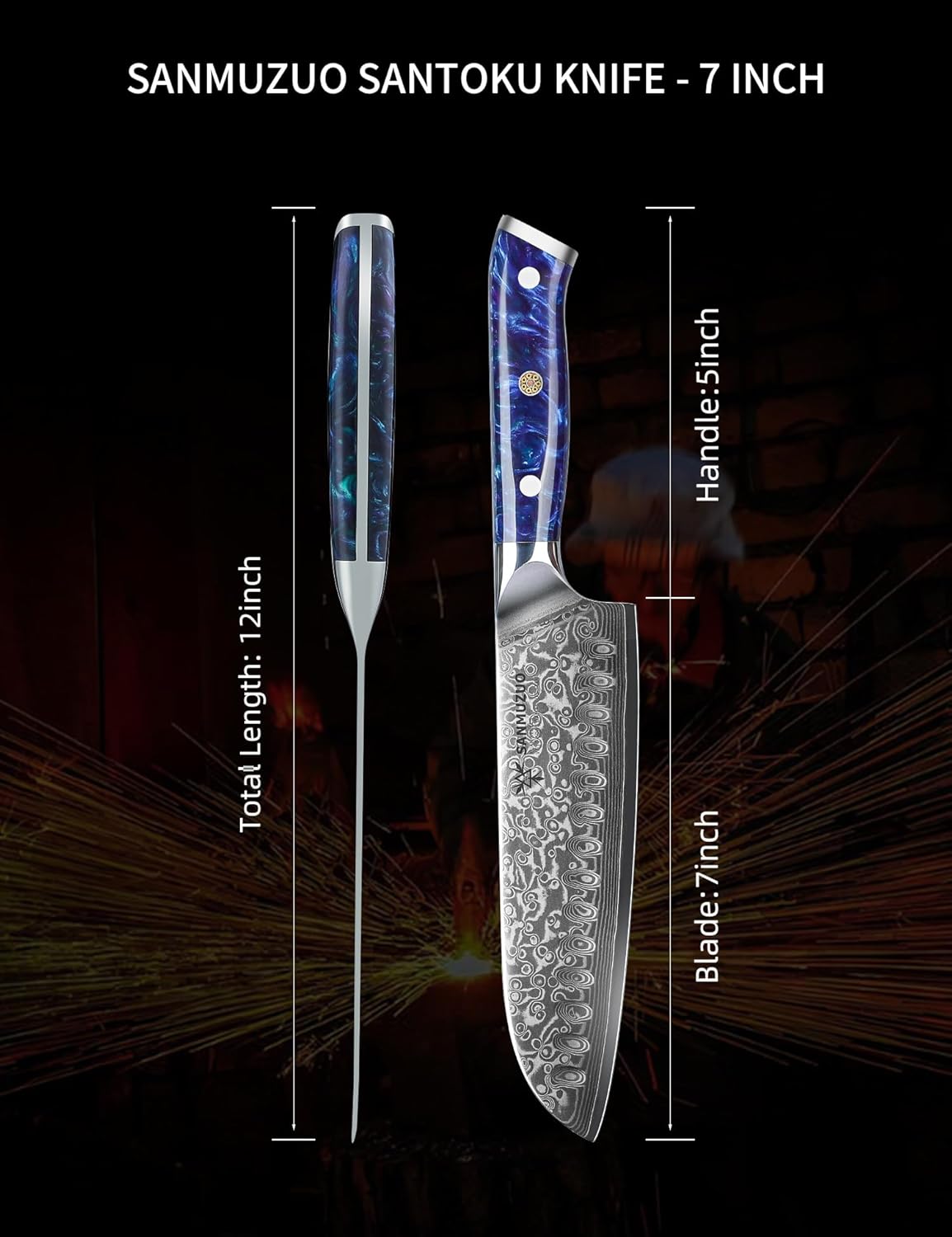 Santoku Knife - 7 inch - Xuan Series - VG10 Damascus Steel Kitchen Knife - Resin Handle (Fantasy Orange)