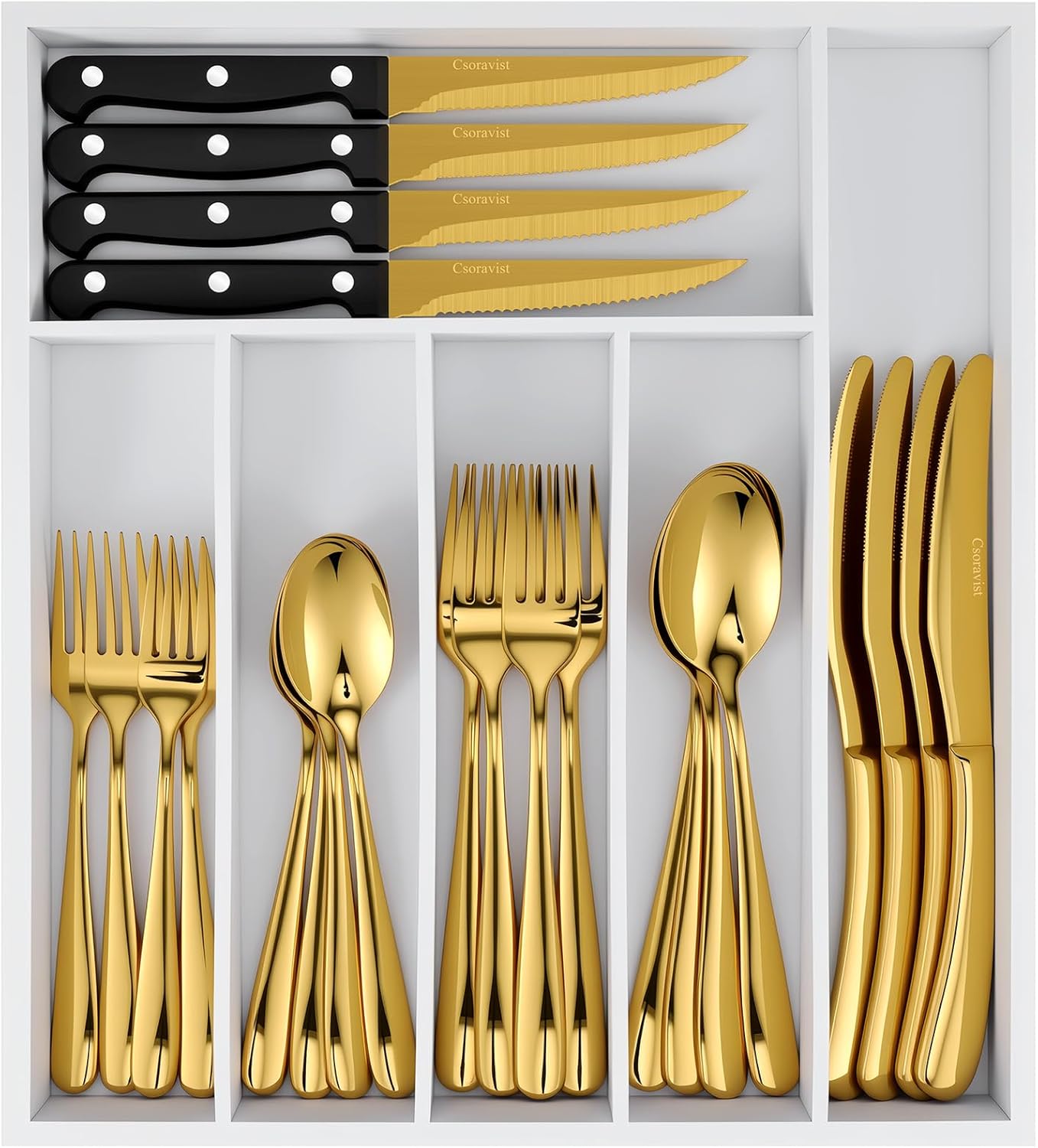 49-Piece Silverware Set with Bamboo Organizer for 8, Heavy-Duty Flatware Set with Steak Knives, Rust-Proof & Mirror Polished, Dishwasher Safe,Modern Hammered(organizer only for packaging)