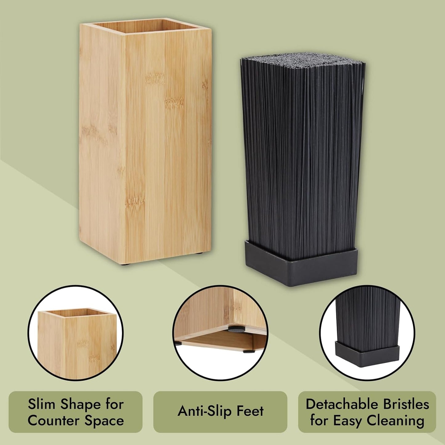 Juvale Bamboo Universal Knife Block - Adjustable Bristle Knife Holder & Stand - Cutlery Holder for Kitchen Counter - Plate Organizer for Cabinet - 4.13 x 9.25 in, Brown, Contemporary