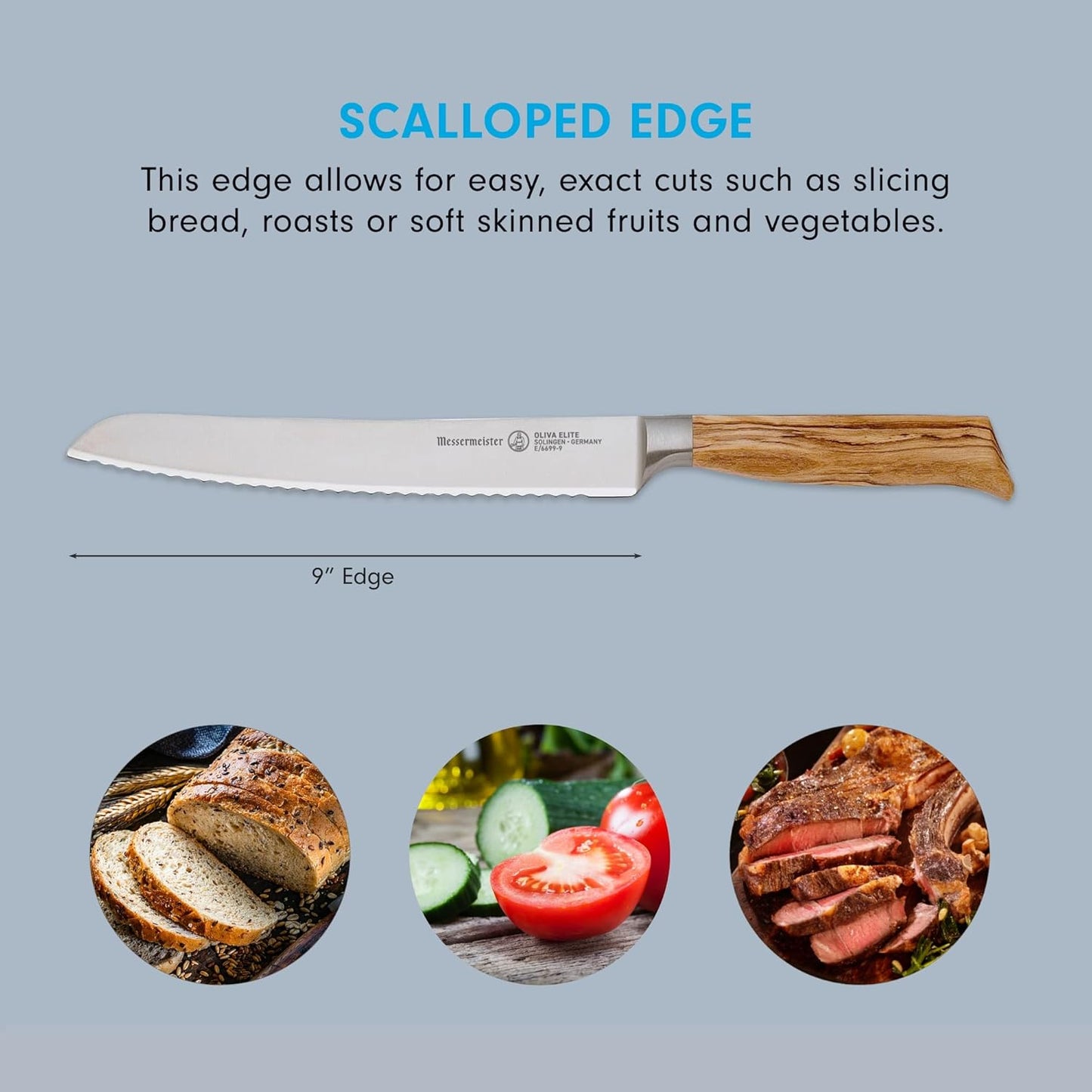 Messermeister Oliva Elite 9” Scalloped Bread Knife - Fine German Steel Alloy Blade & Natural Mediterranean Olive Wood Handle - Rust Resistant & Easy to Maintain