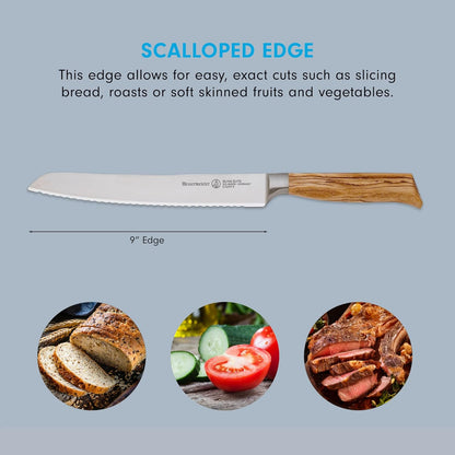 Messermeister Oliva Elite 9” Scalloped Bread Knife - Fine German Steel Alloy Blade & Natural Mediterranean Olive Wood Handle - Rust Resistant & Easy to Maintain