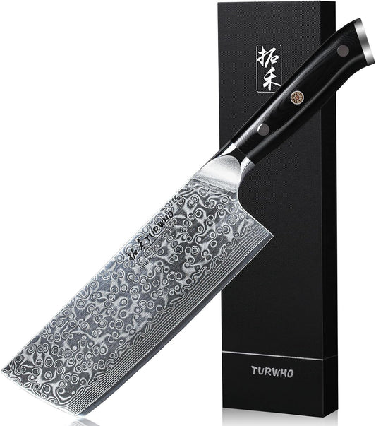 TURWHO Professional Nakiri Knife 7 Inch - Classic Damascus pattern Japanese VG-10 Steel Chef Knives