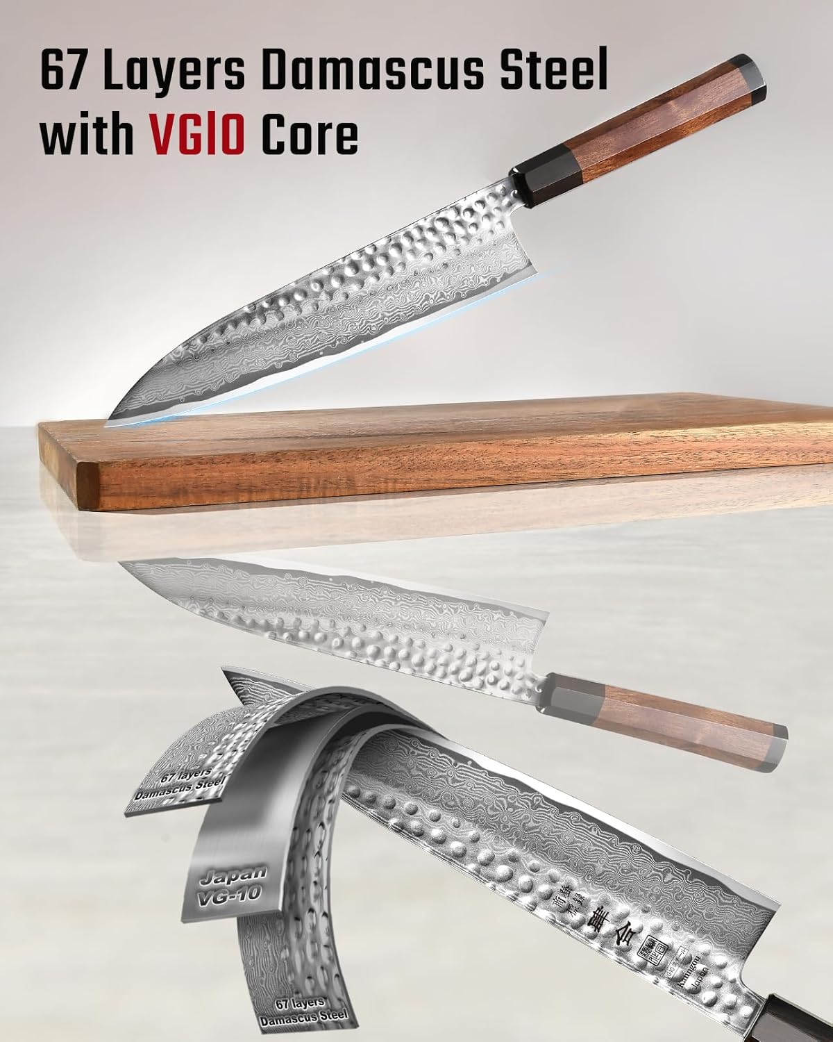 kanngou VG10 Damascus Chef Knife, 8.27 Inch Gyuto Knife with Rose Wood Handle and 67 Layers Damascus Steel, Japanese Kitchen Knife with Premium Gift Box