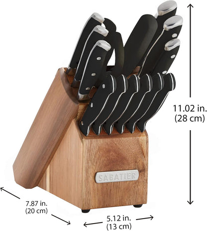 Sabatier 15-Piece Forged Triple Rivet Knife Block Set, High-Carbon Stainless Steel Kitchen Knives, Razor-Sharp Knife set with Acacia Wood Block, White Handles