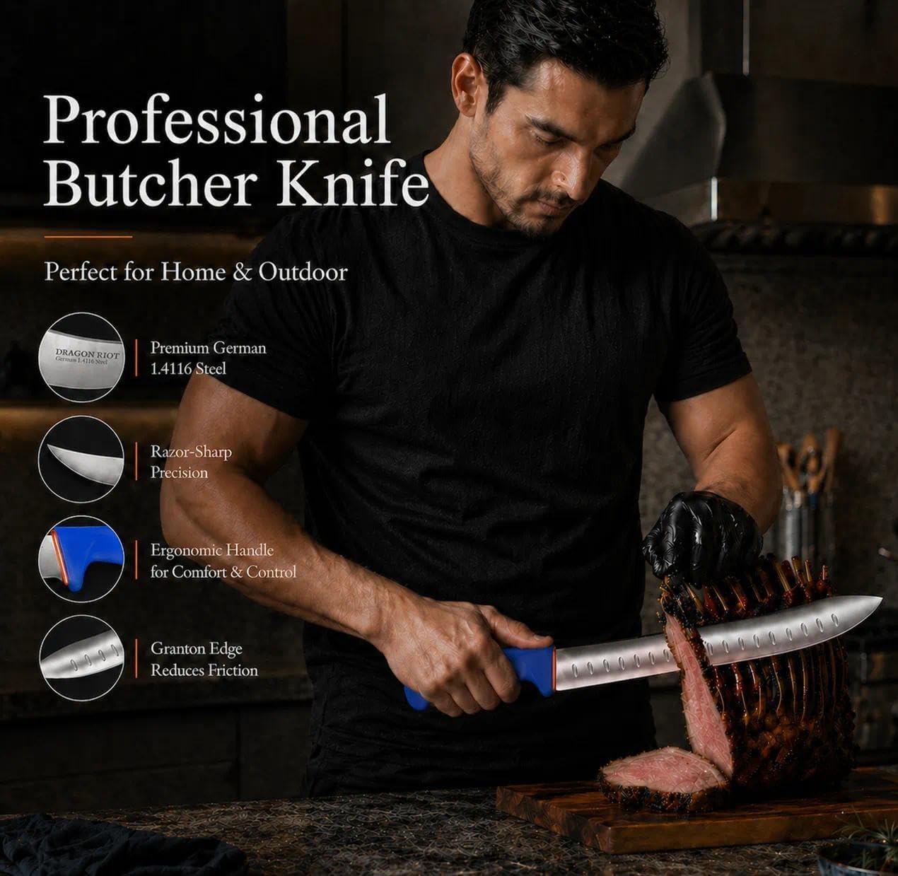 DRAGON RIOT 3 Pcs Butcher Knife Set, Stainless Steel Boning & Carving Knives, Sharp Kitchen Cutlery for Meat Cutting Trimming, Perfect for Home Kitchen, Outdoor Camping BBQ & Holiday Gift