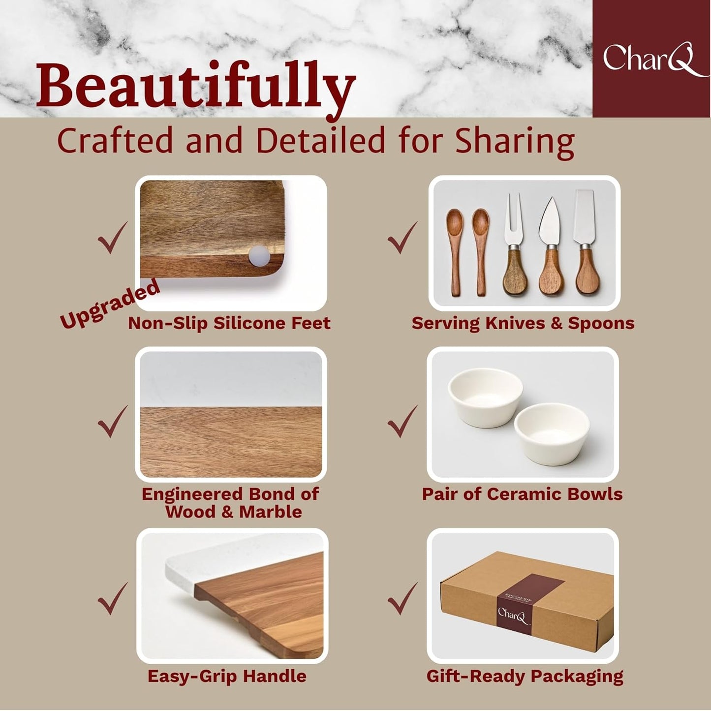 Charcuterie Board Set - Marble & Acacia Wood Cheese Board and Serving Board Platter, Charcuterie Boards Gift Set for Hosting, Wedding and Housewarming, Bridal Shower Marble Serving Tray