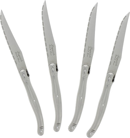 French Home Laguiole 4-Piece Steak Knife Set – Sophisticated Stainless Steel Dinner Knives with Navy Blue Handles & Iconic Bee Emblem – Serrated Knives for Smooth Cutting (9.25")