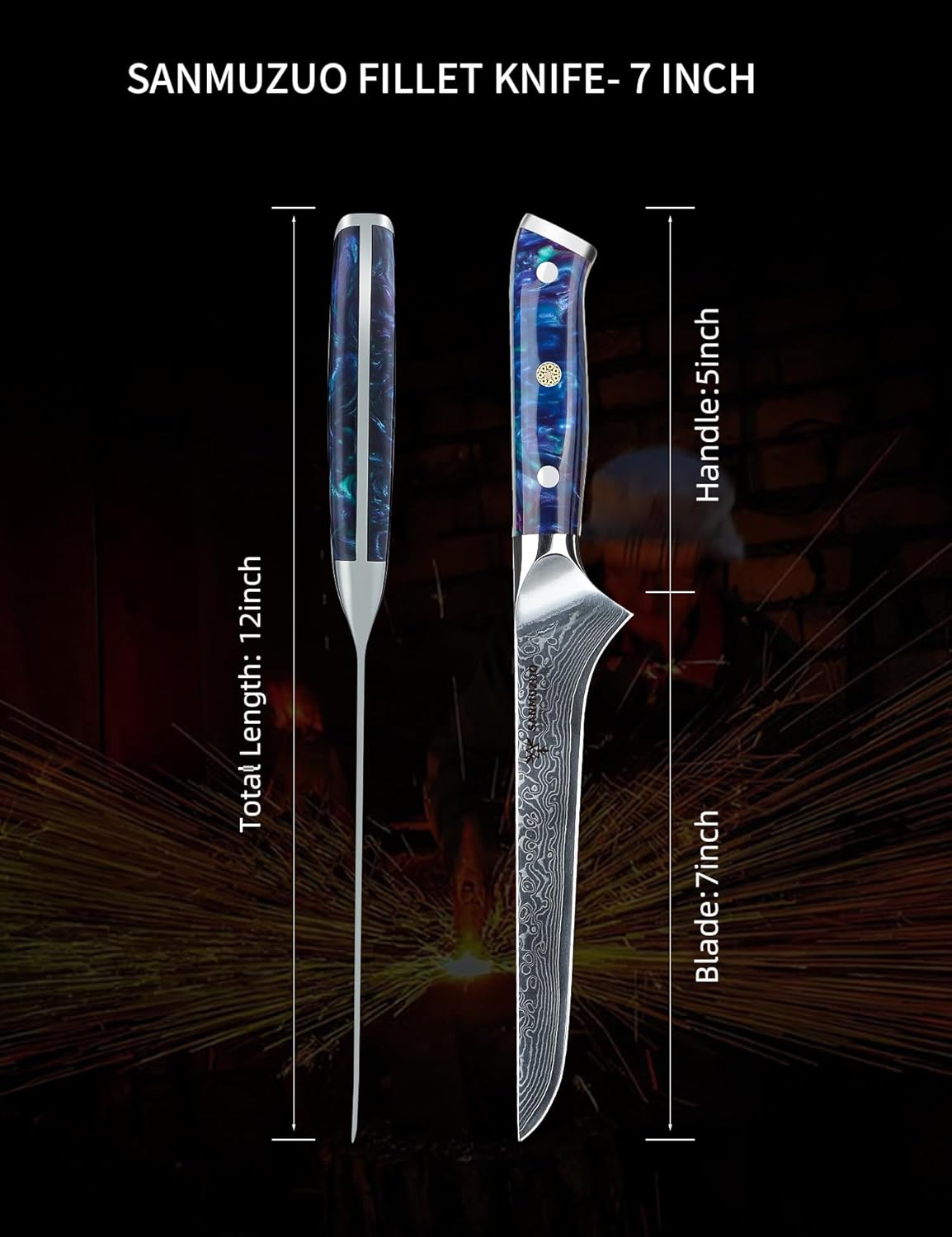 7 inch Fillet Knife, VG10 Damascus Steel Fish Boning Knife with Resin Handle - Xuan Series (Sunset Red)