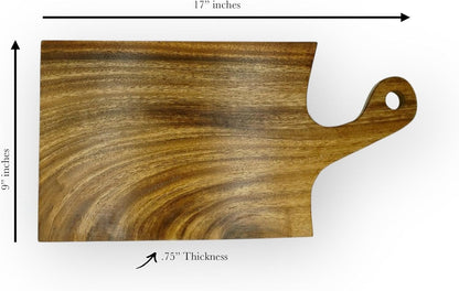 Acacia Wood Cutting Board with Handle, Single Piece Solid Wood, Double Sided Charcuterie and Bread Board, Small Knife Friendly Kitchen Prep Board, 15 x 8 Inch
