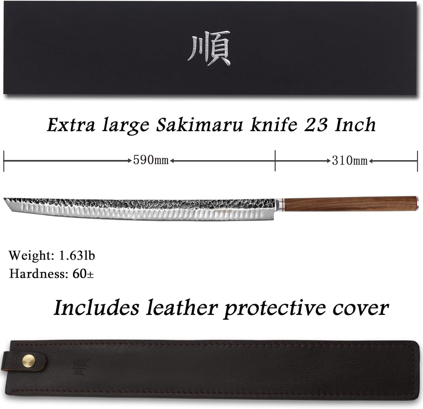YOUSUNLONG Sakimaru Knife Ultimate Slice Carving Knife 15 inch(380mm) Japanese Damascus Steel Suitable for cutting tuna and salmon - Natural Walnut Handle With Leather Sheath and Gift box