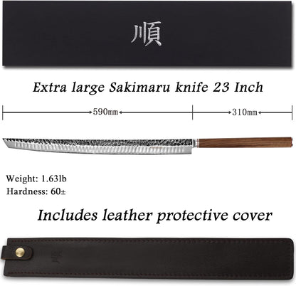YOUSUNLONG Sakimaru Knife Ultimate Slice Carving Knife 15 inch(380mm) Japanese Damascus Steel Suitable for cutting tuna and salmon - Natural Walnut Handle With Leather Sheath and Gift box