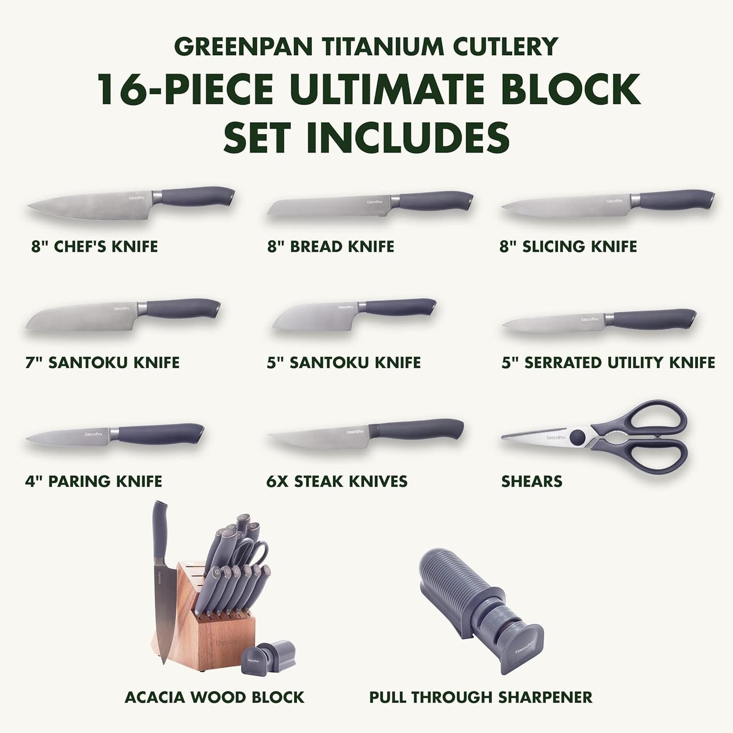 GreenPan Elite 8 Piece Steak Knife Set, Professional Stainless Steel Blades with Titanium Coating, Ultra-Sharp Dining Knives, Kitchen Cutlery, Ergonomic Wood Handles, Wooden Storage Box