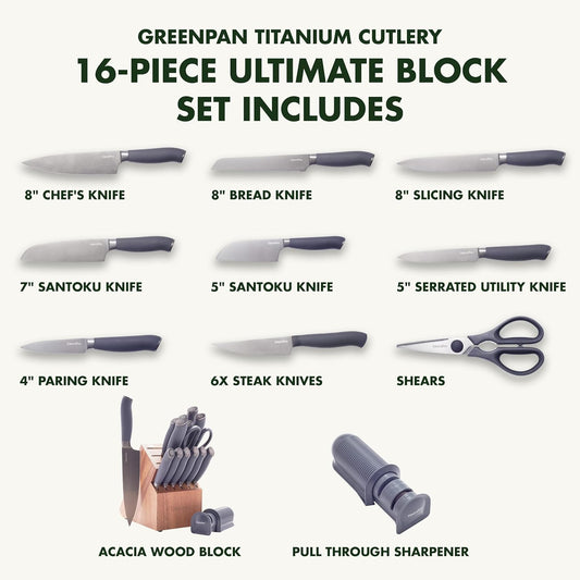 GreenPan Elite 8 Piece Steak Knife Set, Professional Stainless Steel Blades with Titanium Coating, Ultra-Sharp Dining Knives, Kitchen Cutlery, Ergonomic Wood Handles, Wooden Storage Box