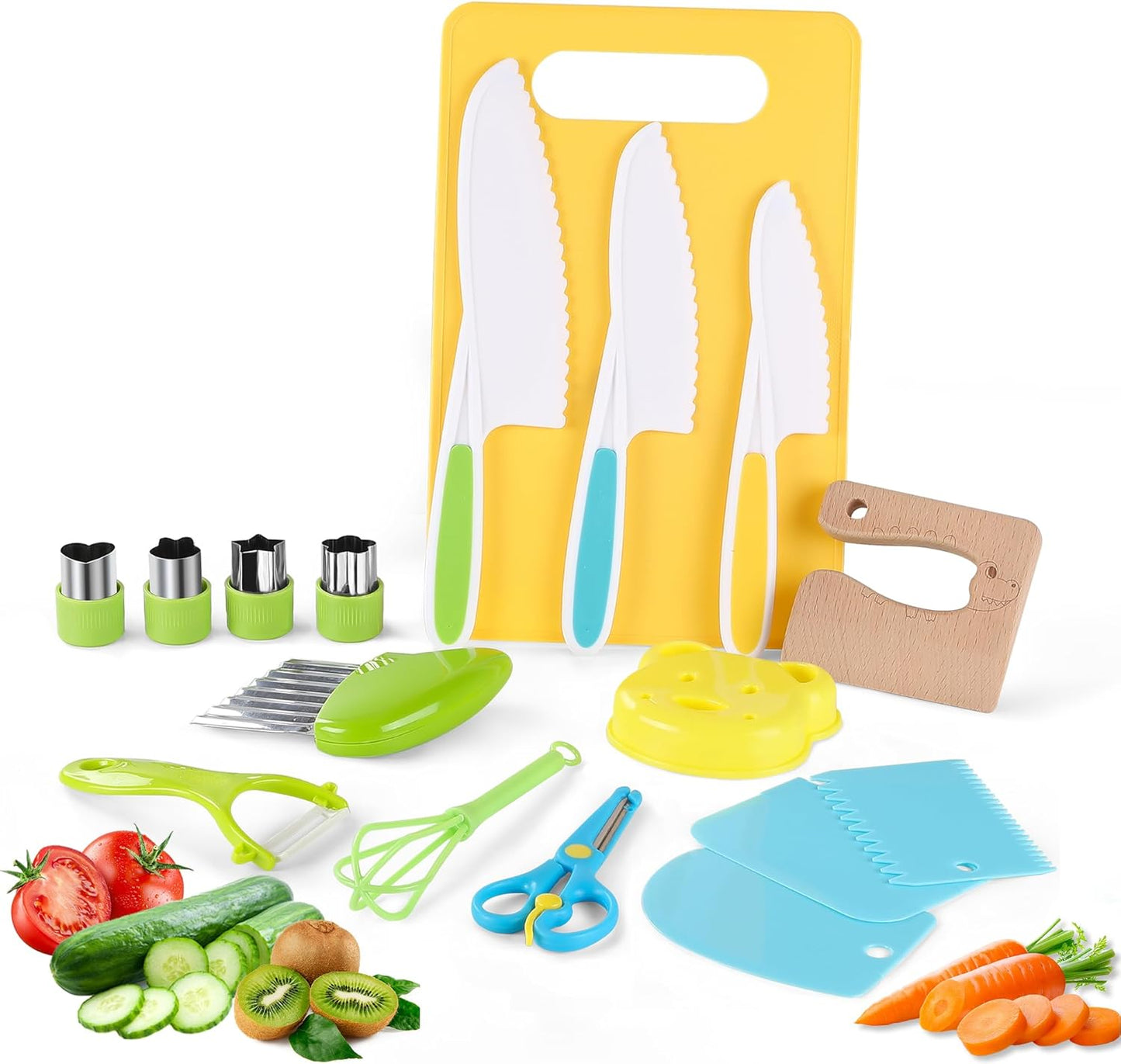 9PCS Montessori Kitchen Tools Cookware Baking Toy, Kids Knife Set for Real Cooking with Cutting Boards, Crinkle Cutte, Y Peeler, Serrated Edges Plastic Toddler Knife Kid Safe Knives