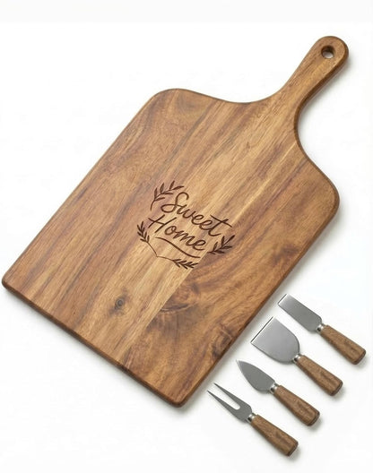 Charcuterie Board Set, Acacia Wood Cheese Board with 4 Cheese Knives, Engraved Serving Tray with Handle – Cutting Board for Kitchen & Entertaining, Housewarming Gift