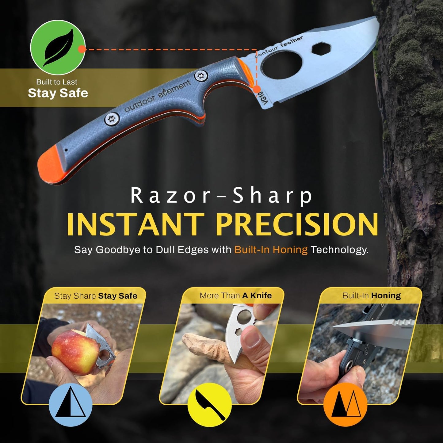 Scout Feather Glow - Fixed Blade Survival Knife with built-in Firestarter for Camping, Hunting, Outdoor Adventure and Culinary Need - VG10 Blade, Whistle, Knife Sharpener, Compact Sheath & G10 Handle